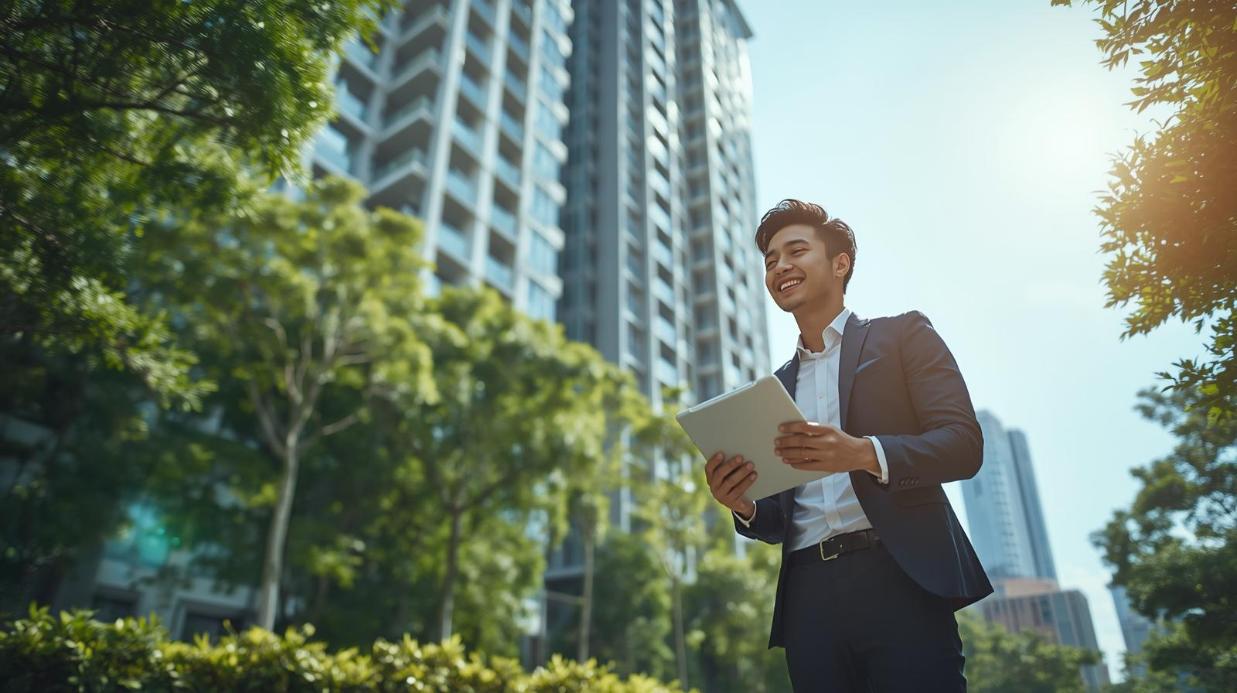 Happy investor viewing crypto gains outside modern sunny Singapore condominium residence building.