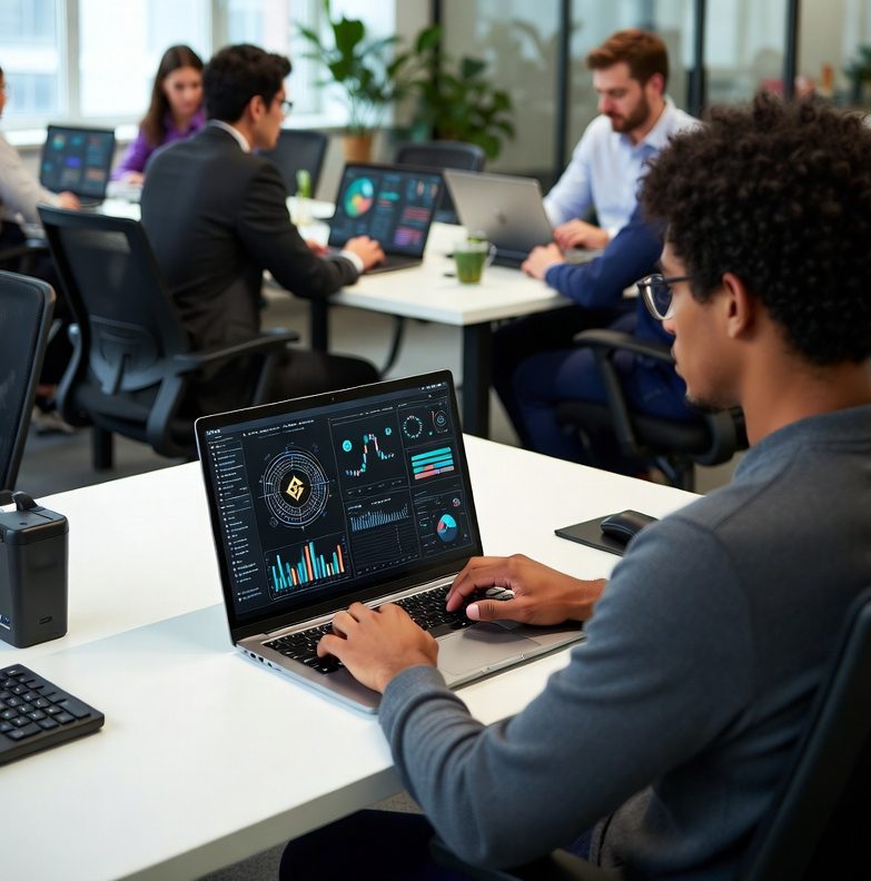 modern office with diverse professionals working on laptops with blockchain graphics